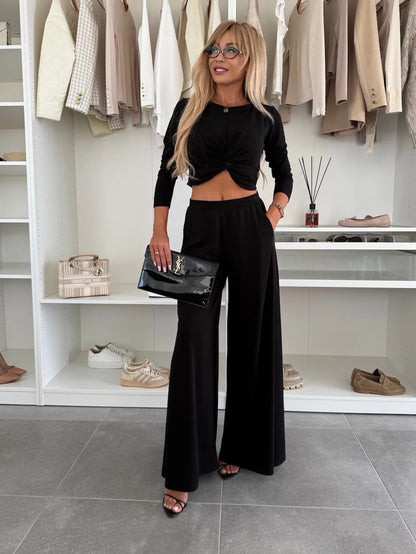 Eveloria Damen Freizeit-Set Crop- und weite Hose