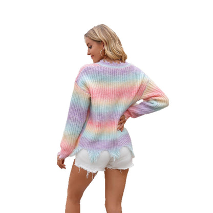 Damen Pullover V-Ausschnitt Fransenabschluss Grau Eveloria