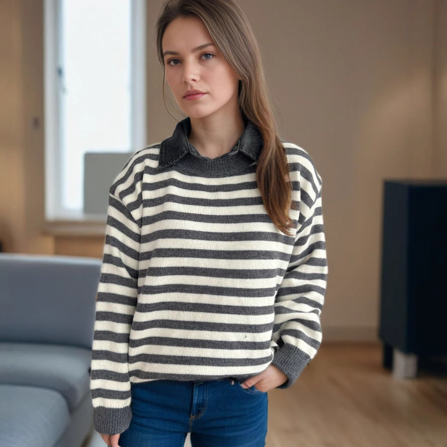 Damen Oversized Pullover Streifenmuster Lässig Beige