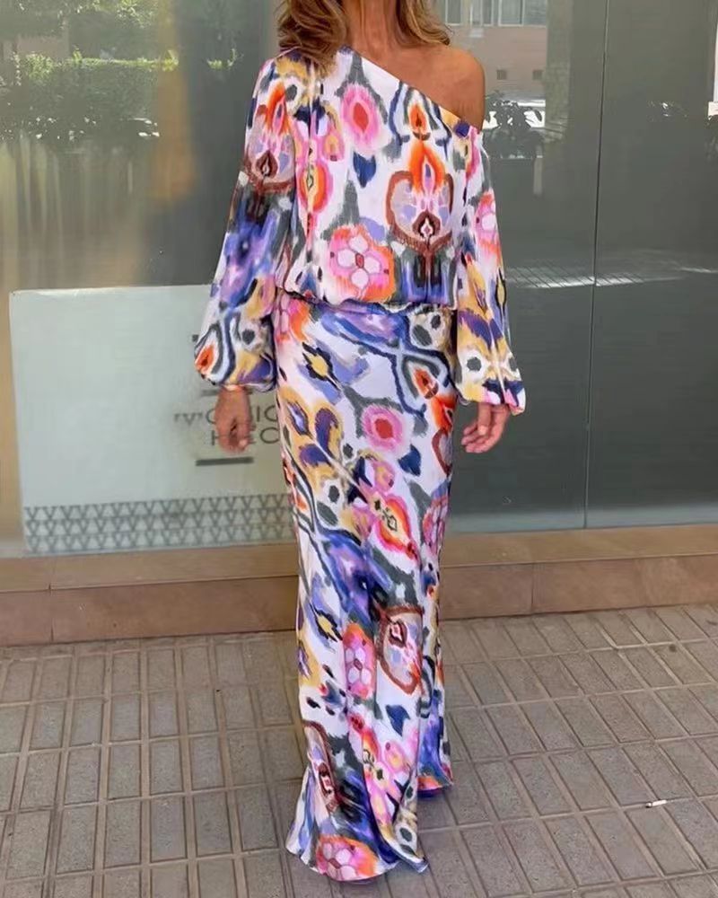 Damen Maxikleid Asymmetrisch Geschmeidige Ärmel
