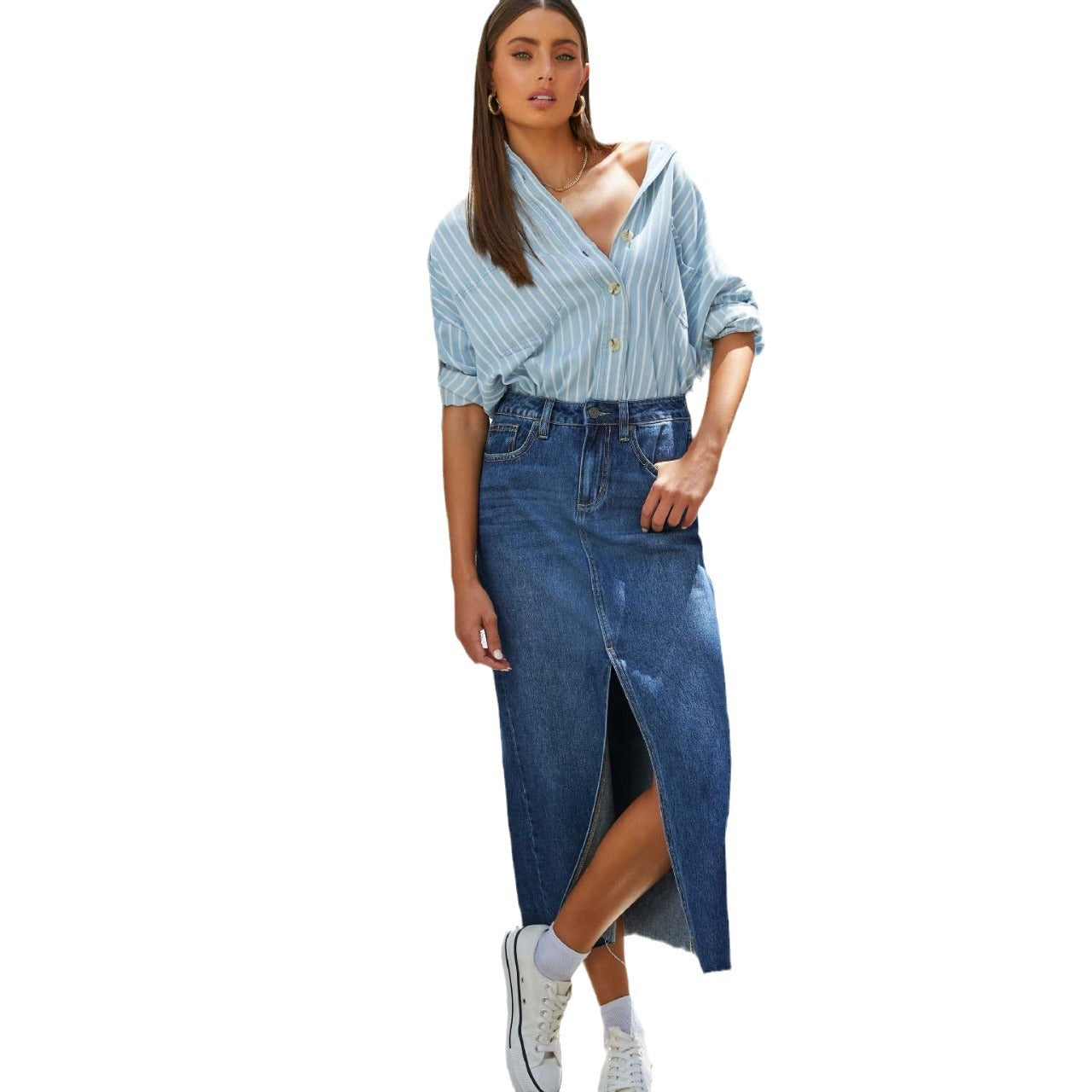 Damen Bleistiftkleid Jeans Hochgeschnitten Seitlichem Schlitz Blau