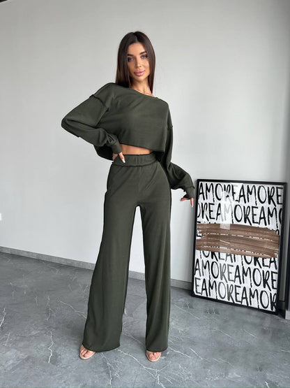 Damen Lounge-Set Cropped Oberteil Weite Hose Beige