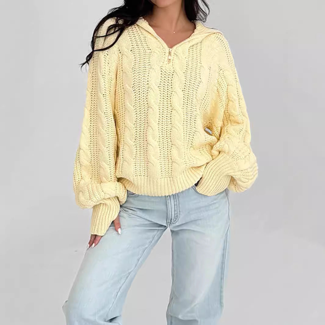 Damen Strickpullover mit Kapuze und Reißverschluss Grau