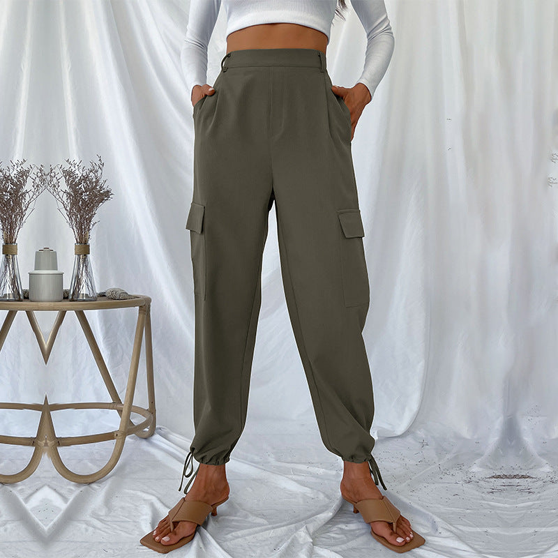 Damen Cargo-Hose Elastischer Bund Seitentaschen Schwarz Eveloria - Eveloria