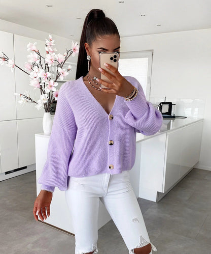 Damen Strickjacke Kuschelig Großknöpfe Lockere Ärmel Beige