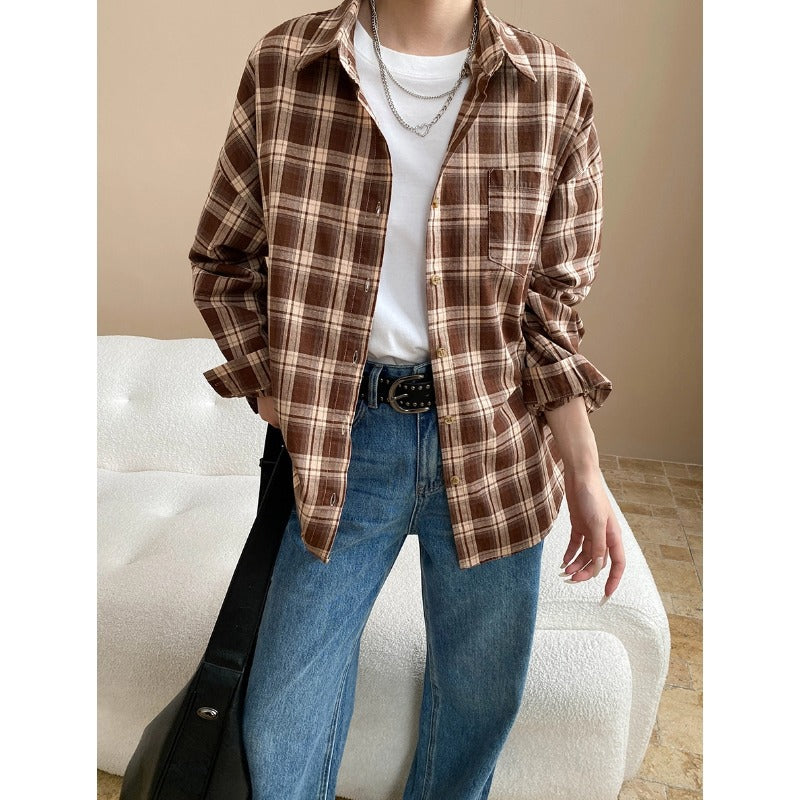Damen Karobluse Lockerer Schnitt Knöpfe Blau