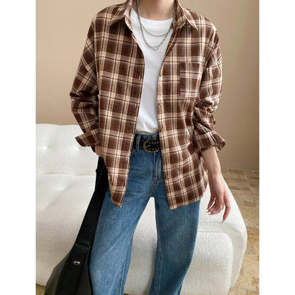 Damen Karobluse Lockerer Schnitt Knöpfe Blau