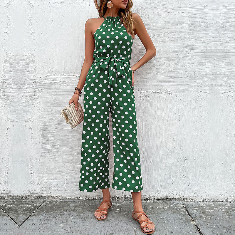 Damen Jumpsuit Moderner Punkte Look Verspielter Gürtel