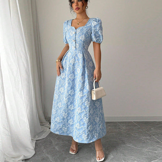Damen Maxikleid Florale Applikationen Puffärmel Eveloria - Eveloria
