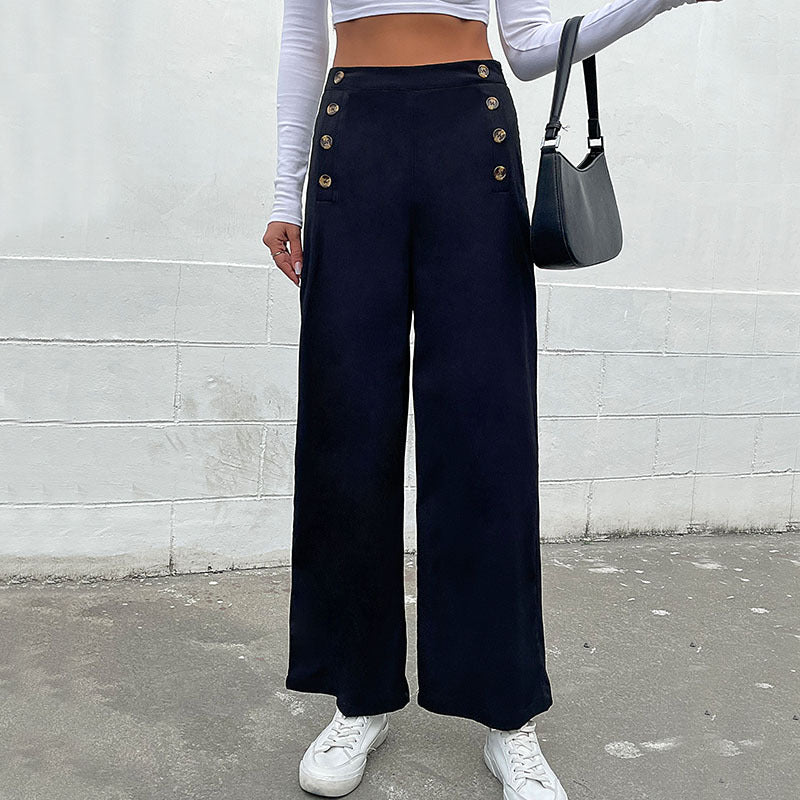 Damen Palazzo-Hose Weite Passform Dekorative Knöpfe