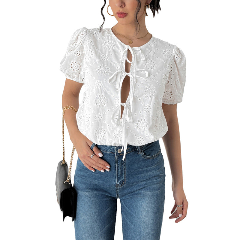 Damen Bluse Puffärmel Blumenmuster Kordelzug