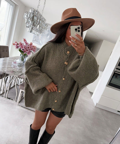 Damen Oversized Strickpullover Voluminöse Ärmel Beige Eveloria