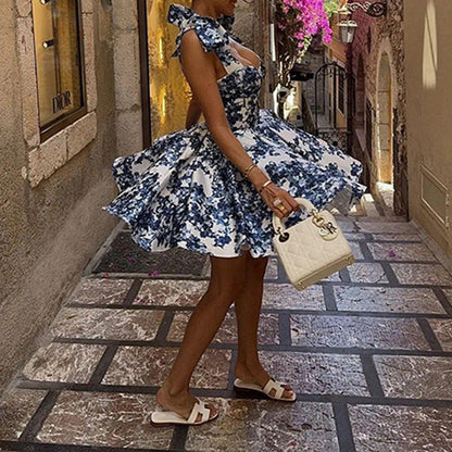 Damen Mini Kleid Blumenmuster Schleifen-Träger
