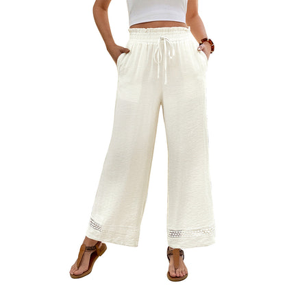 Damen Leinenhose Weit Elastischer Bund Häkelbordüre Beige