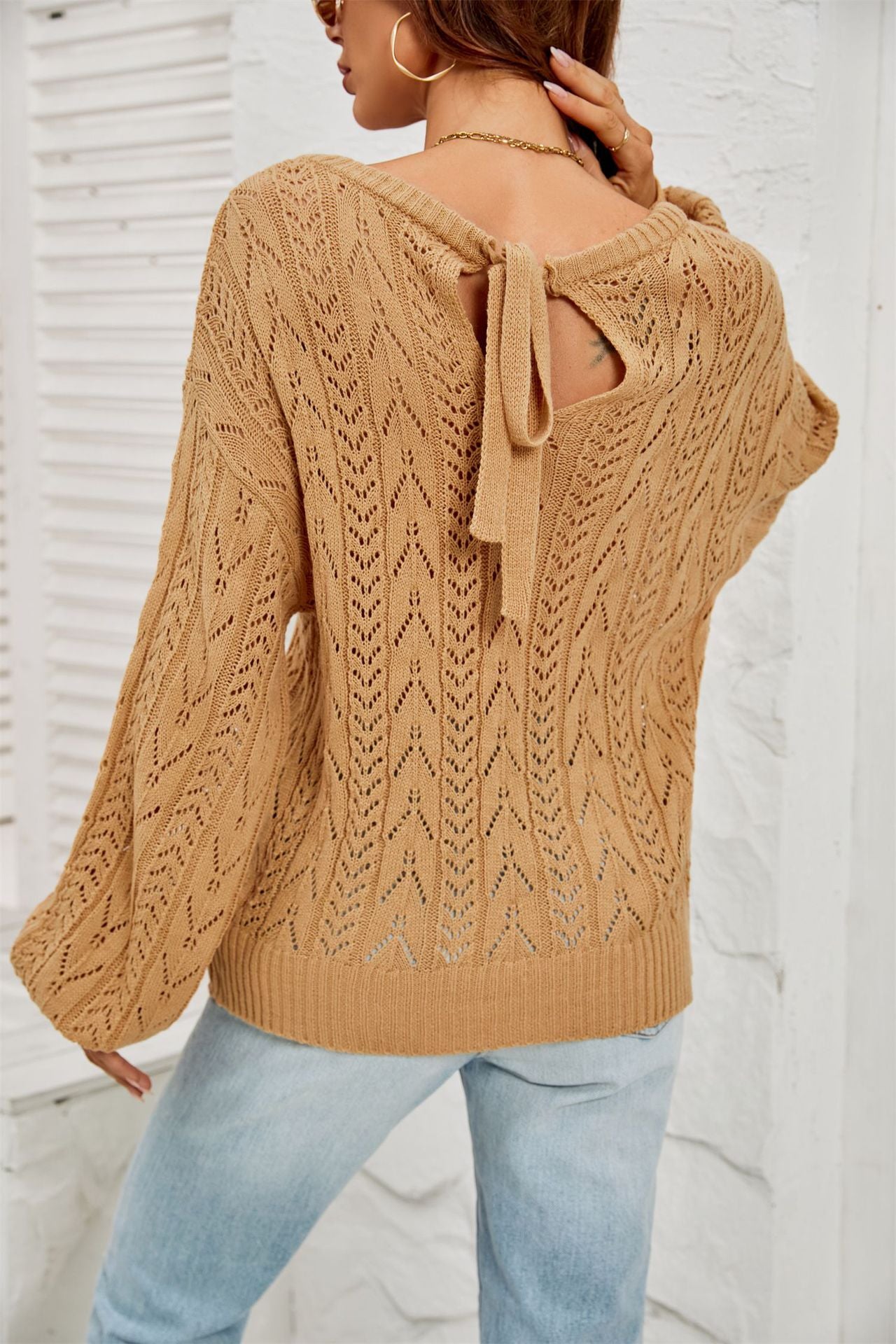 Damen Strickpullover Feinripp Luftig Weite Ärmel Beige