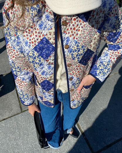 Damen Steppjacke Patchwork Floralmuster mit Knöpfen Eveloria