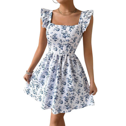 Damen Blumenkleid Sommer Rüschendetails Quadratausschnitt Eveloria