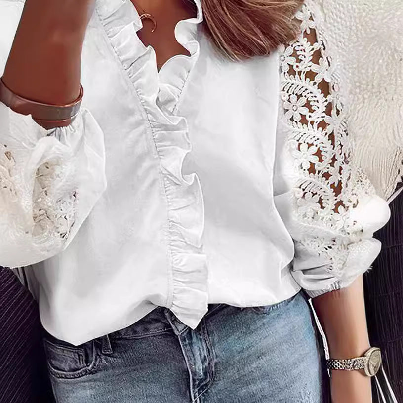 Damen Bluse Rüschendetails Spitzenärmel Eveloria