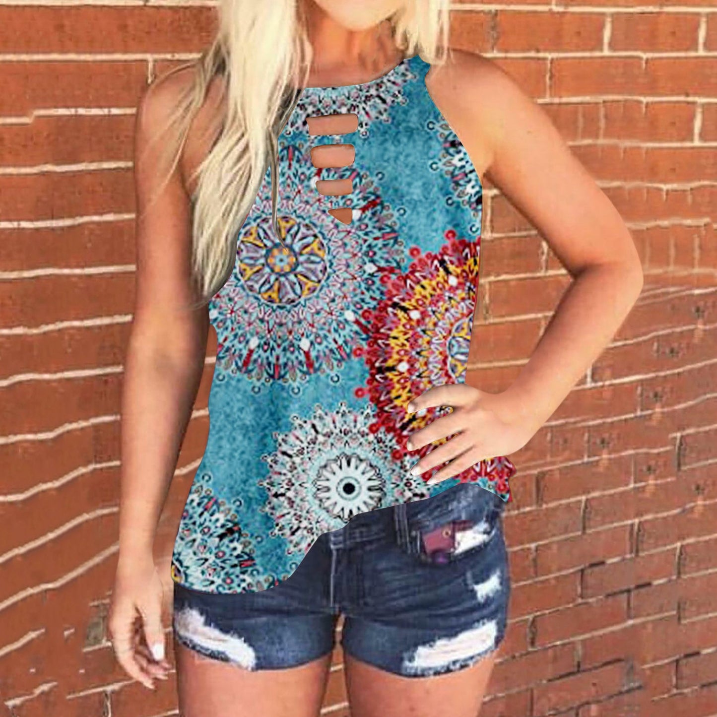 Damen Halstuben- Ärmellos Mandala-Muster Cut-Out