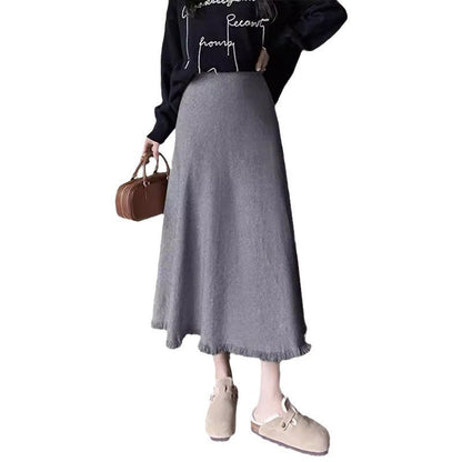 Damen Midi-Rock aus hochwertigem Stoff mit Fransen-Saum