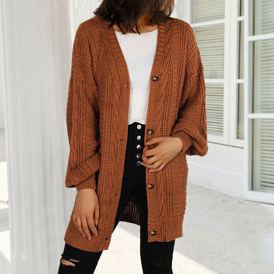 Damen Grobstrick-Cardigan Weite Ärmel Elegante Knöpfe Beige - Eveloria