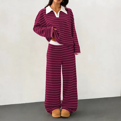 Damen Strick-Set mit breiten Streifen und Samtkragen