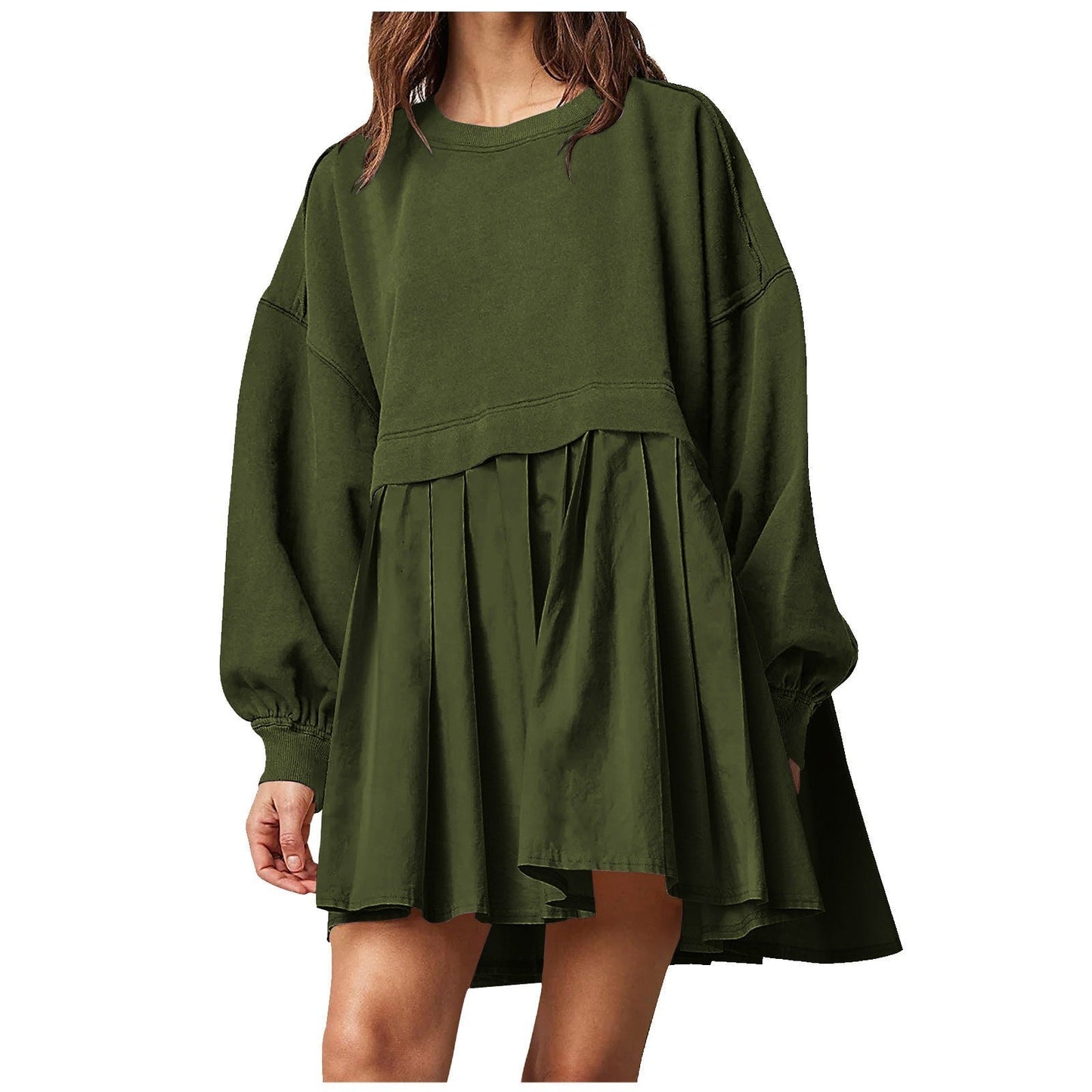 Damen Oversized Sweatshirtkleid Plissee-Rock Rundhals Bischofsärmel