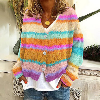 Damen Strickcardigan Bunt Streifen Knöpfe
