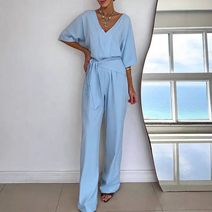 Damen Jumpsuit Tailliert Wickelgürtel Eveloria