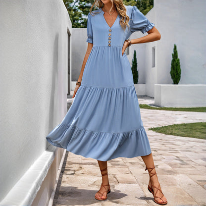 Damen Maxikleid mit Knopfverschluss und Schwingrock Baumwolle Blau