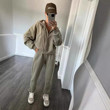 Damen Fleece-Jogginganzug mit Kapuze und Reißverschluss Schwarz - Eveloria