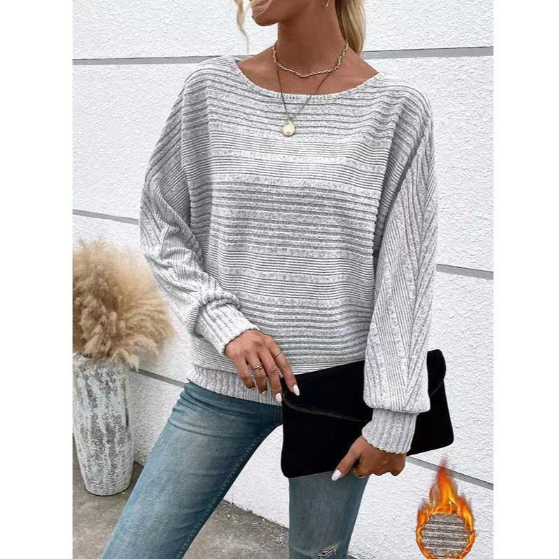 Damen Pullover Strukturiertes Streifenmuster Weite Ärmel Beige - Eveloria