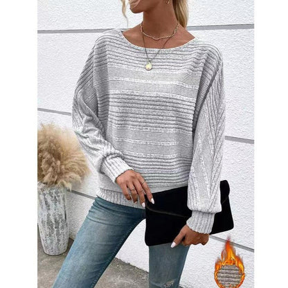 Damen Pullover Strukturiertes Streifenmuster Weite Ärmel Beige - Eveloria