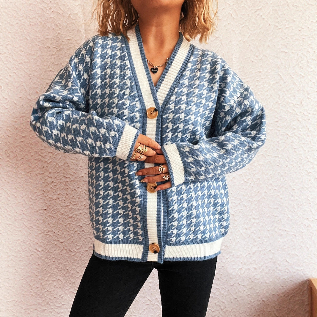 Damen Strickjacke Klassisches Hahnentritt Muster Große Knöpfe