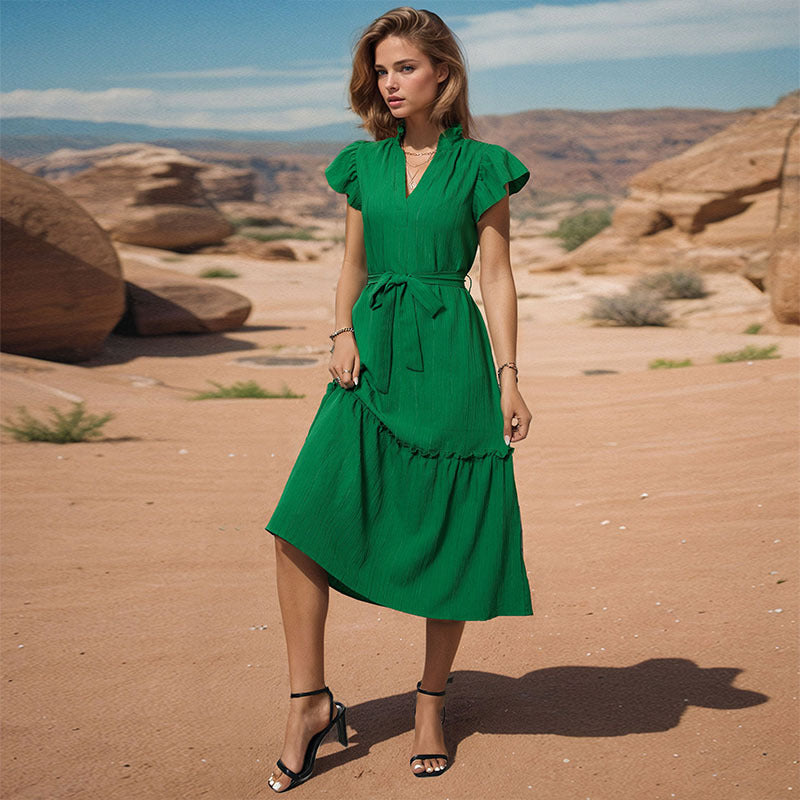 Damen Wickelkleid Midi Elastisch Rüschen Eveloria