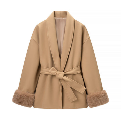 Damen Modische Jacke Weichgefütterter Kragen Bindegürtel