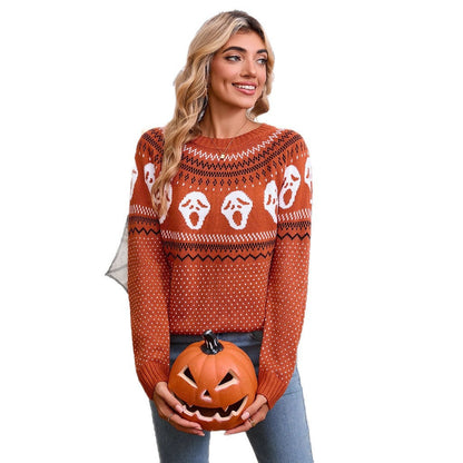 Damen Strickpullover Halloween-Motiv Gemustert