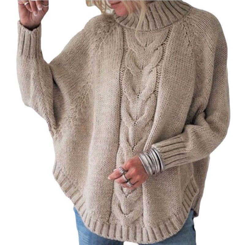 Damen Grobstrickpullover Tiefrollkragen Zopfmuster Beige