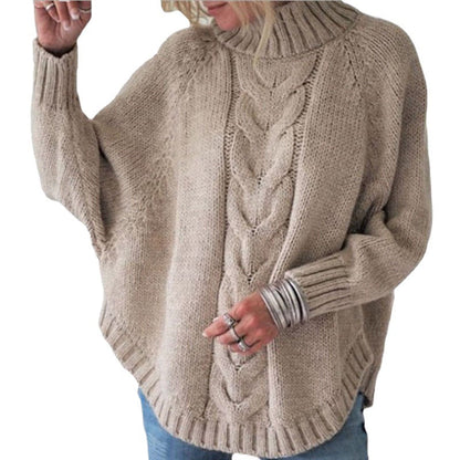 Damen Grobstrickpullover Tiefrollkragen Zopfmuster Beige