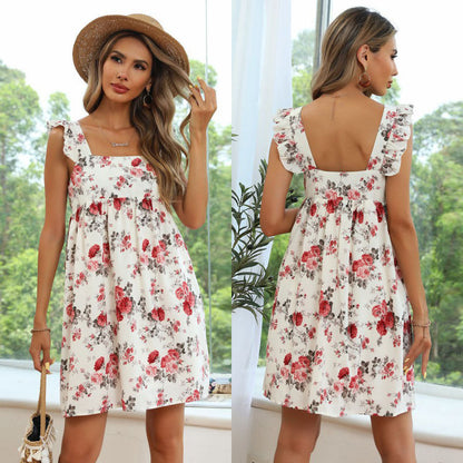 Damen Blumenkleid Sommer Rüschendetails Elastischer Bund Eveloria