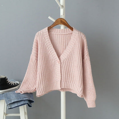 Damen Grobstrick Cardigan Lockerer V-Ausschnitt Beige Eveloria
