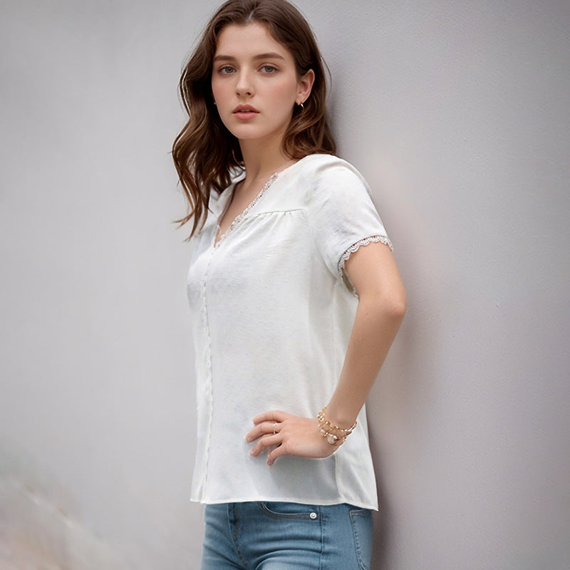 Damen Blusenshirt Luftig Spitze V-Ausschnitt Weiß