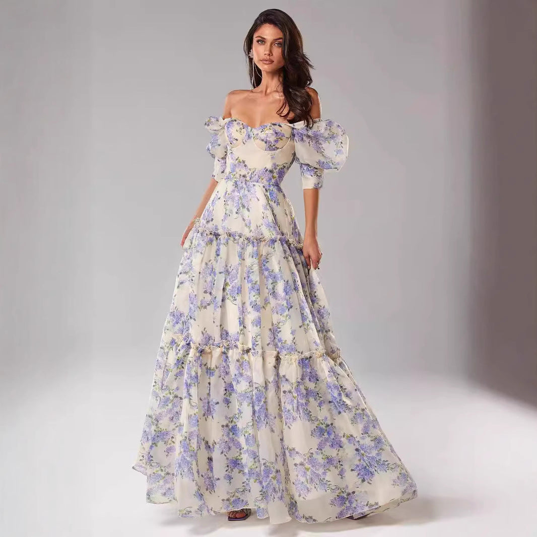 Damen Maxikleid Schulterfrei Rüschenärmel Floralmuster