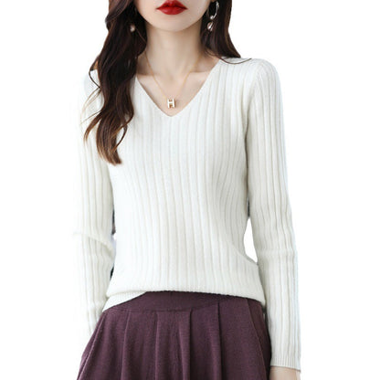 Damen Strickpullover V-Ausschnitt Feine Rippenstruktur Eveloria