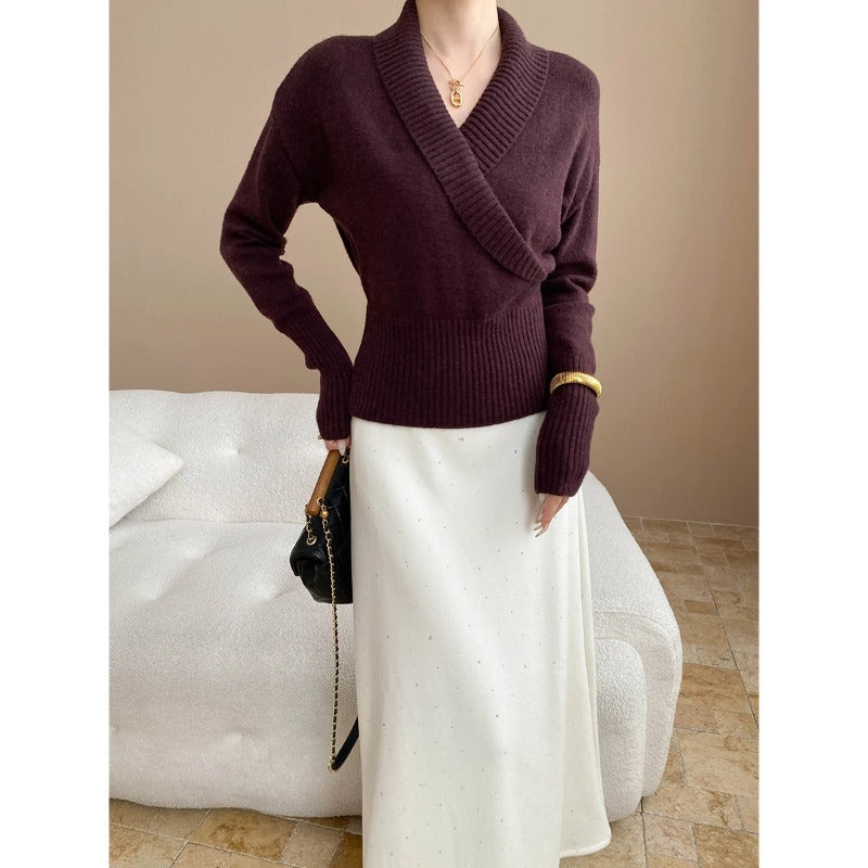 Damen Wickelpullover Breiter Rippbund Eveloria
