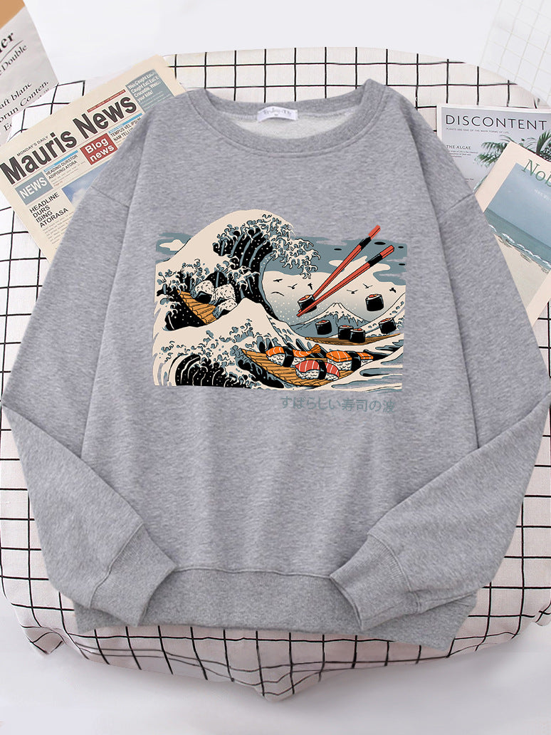 Damen Sweatshirt Wellen-Design Baumwolle Gemütlich Grau