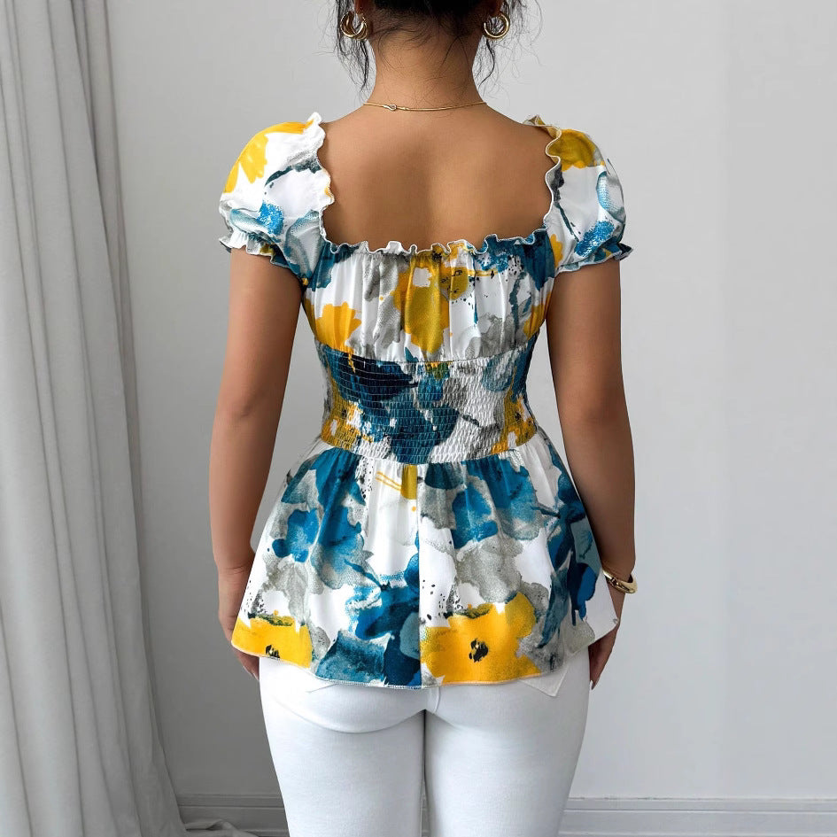 Damen Bluse Elastisch Floral Weiße Rüschen