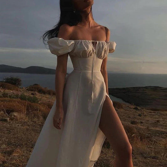 Damen Maxikleid Schulterfrei Puffärmel Eveloria - Eveloria