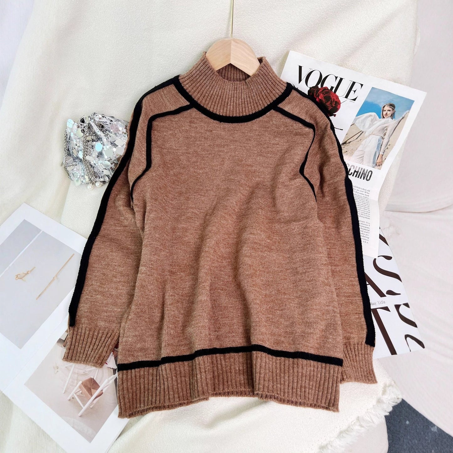Damen Rollkragenpullover Kontrast-Saum Eveloria