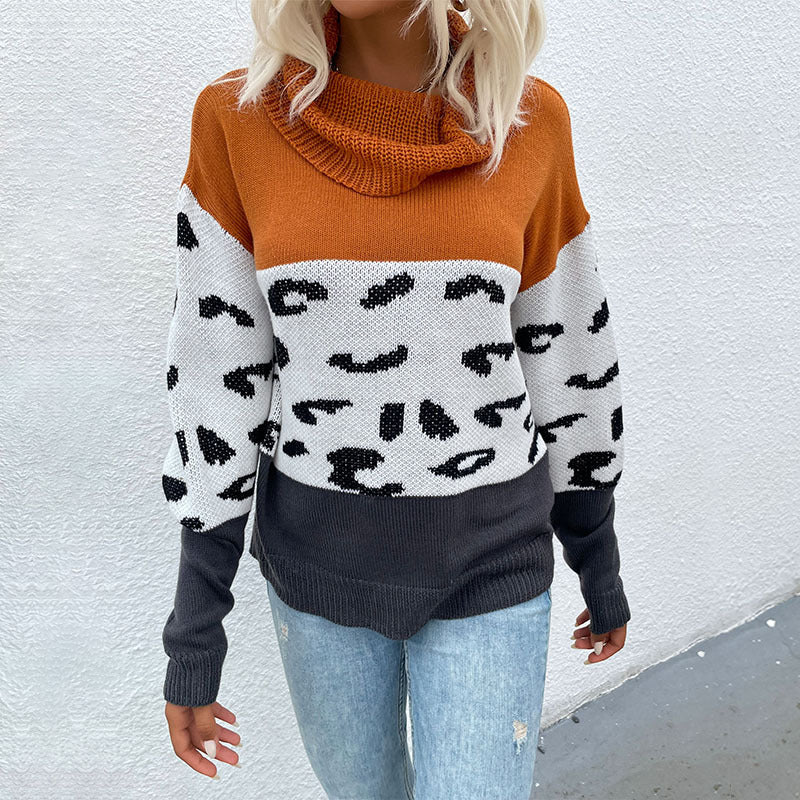 Damen Strickpullover Leo-Muster Hochkragen Grobstrick Schwarz - Eveloria